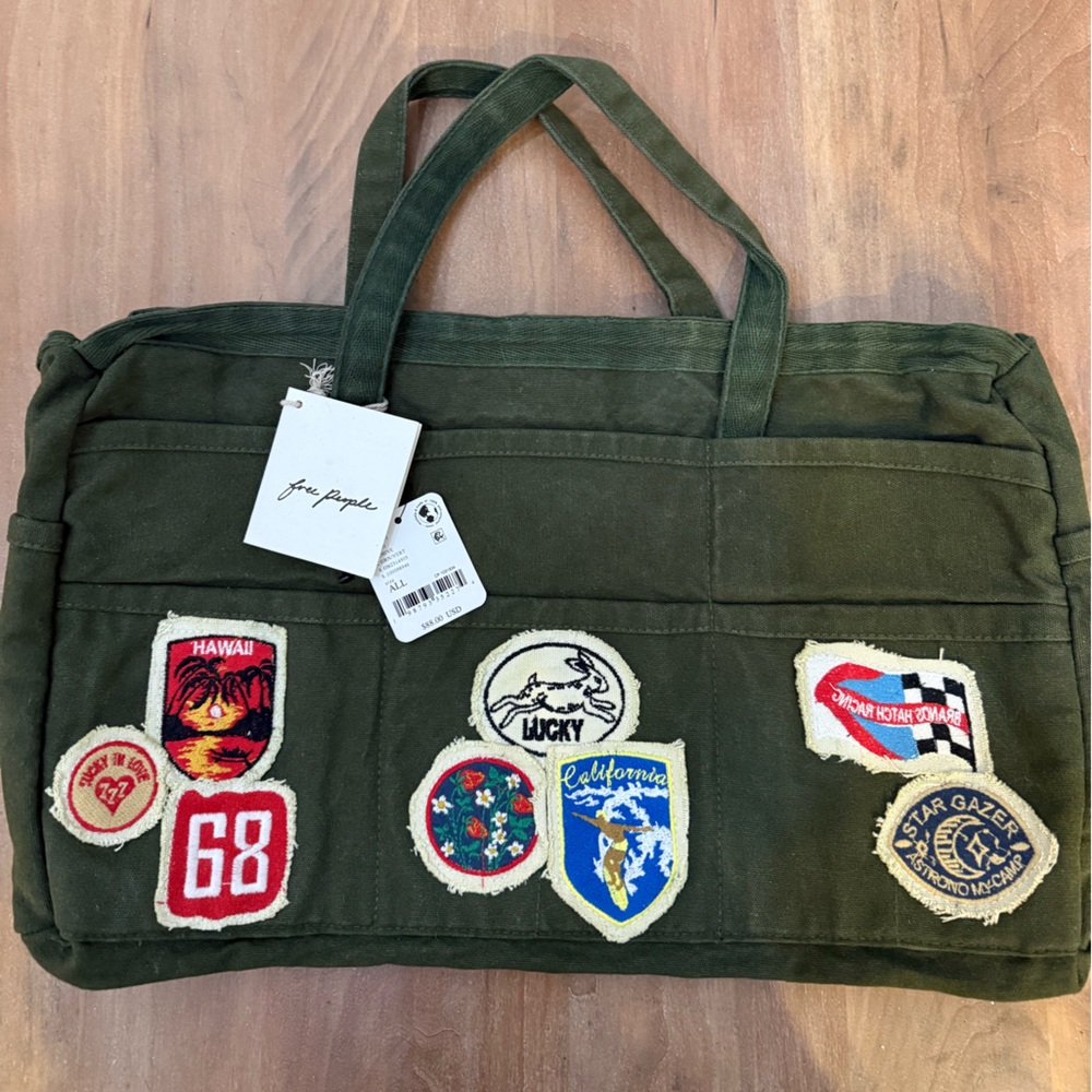 Free People Olive Green Patchwork Duffel Bag with Embroidered Patches